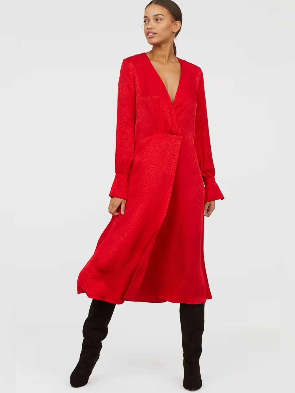 NEW H&M Red Satin Animal Print Jacquard Faux Wrap Midi Dress XS Glam Festive